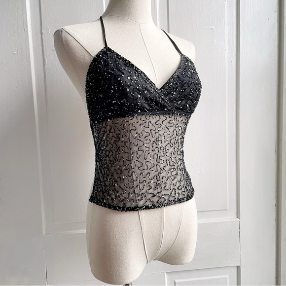 Heart Moon Star Tops - SOLD Vintage 90s/Y2K Beaded Sequin Sheer Mesh Open Back Tie Halter Top